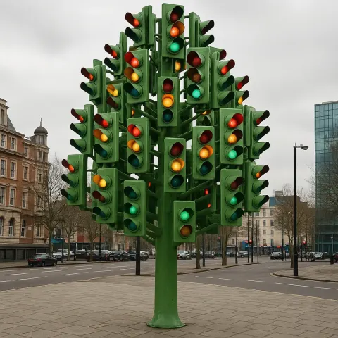 Tree-shaped Sculpture Composed of Numerous Traffic Lights in an Urban