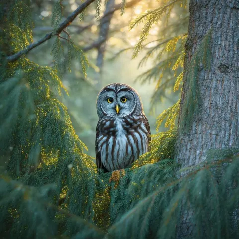 Barred Owl Peeking Through Lush Misty Branches