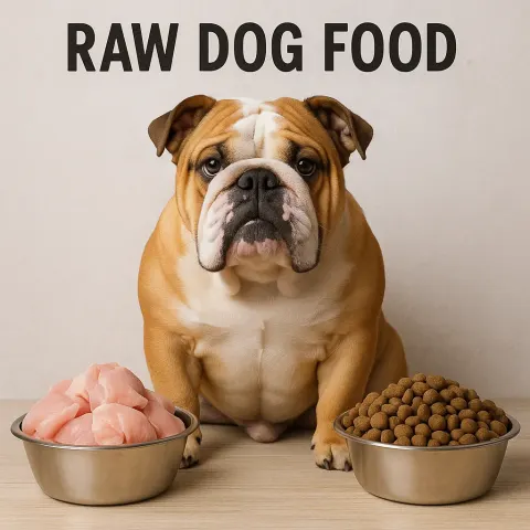 Bulldog Sitting Between a Bowl of Raw Chicken
