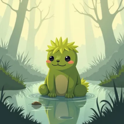 Cute Moss Creature Soaking in Foggy Swamp