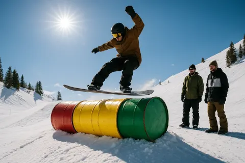 Snowboarder Performs a Trick on Colorful Barrels in a Snowy