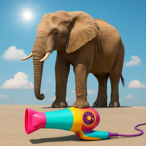 Elephant Positioned over a Vibrant Hair Dryer Outdoors