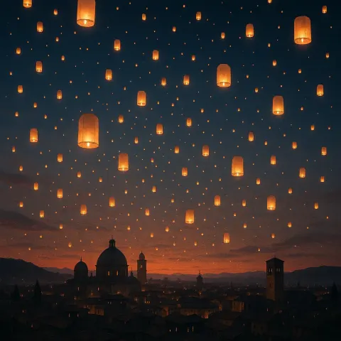 Myriad Glowing Paper Lanterns Ascend Slowly into the Twilight Sky
