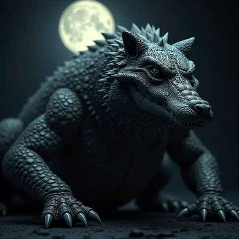 Wolf Headed Crocodile Under a Full Moon