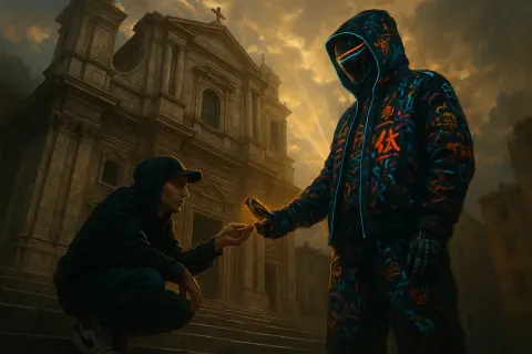 Streetwear Trickster Offers a Goldfinch to a Cyberpunk Figure