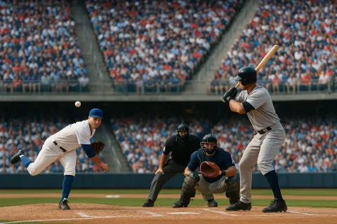 Baseball Game Scene Featuring a Pitcher Throwing Towards a Batter