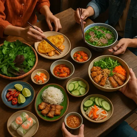 Table Filled with an Assortment of Vietnamese Dishes
