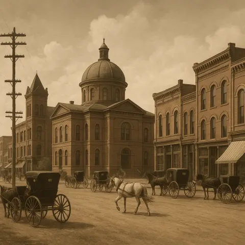 Historic Town Square with Horse-drawn Carriages