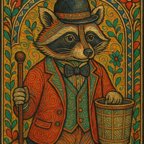 Oil Painting Influenced by Madhubani Art Portraying a Raccoon
