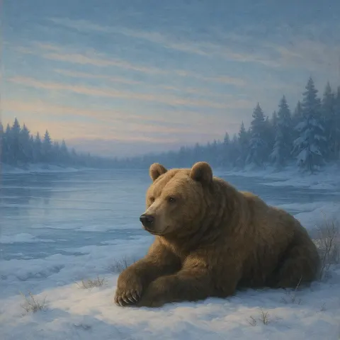 Tranquil Winter Scene with a Bear Lounging near a Frozen
