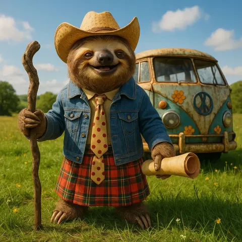 Describe a Jovial Sloth Dressed in a Denim Jacket Paired