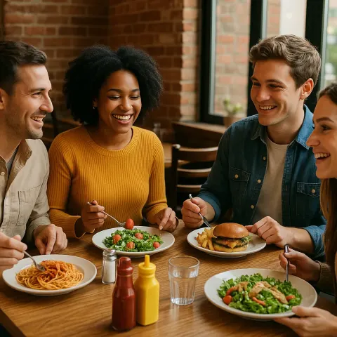Group of People Dining Together at a Restaurant Table