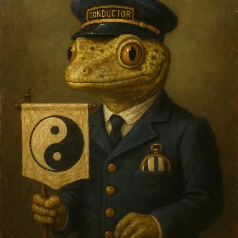 Oil Painting of a Gecko Dressed as a Train Conductor