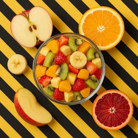 Glass Bowl of Mixed Fruit Salad Surrounded by Sliced Apple