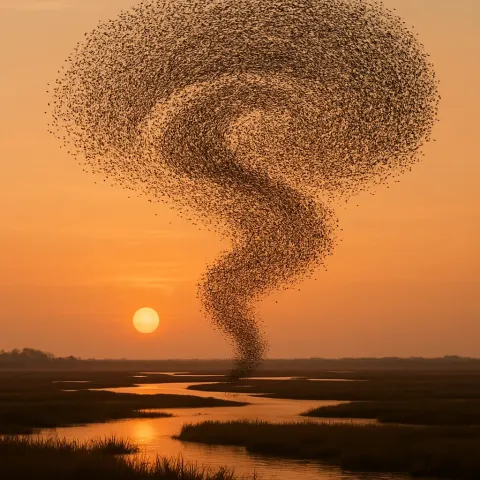 Vast Flock of Migratory Birds Forms a Swirling Pattern