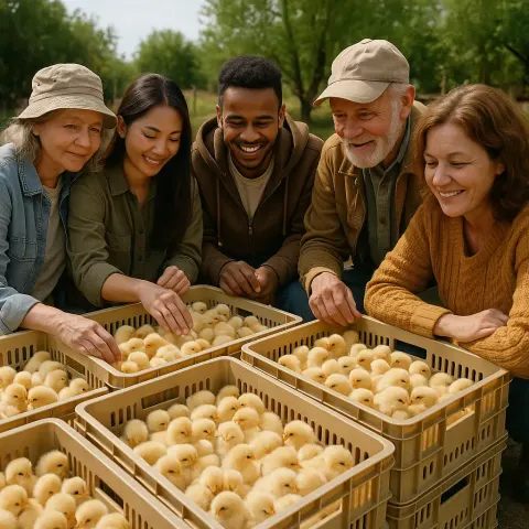 Group of People Gathered Around Crates