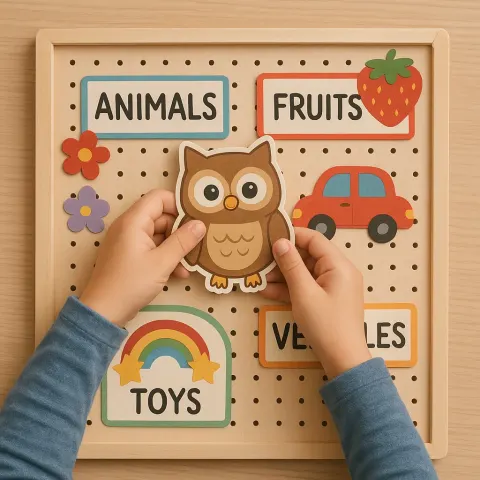 Child Is Placing an Owl-shaped Cutout Onto a Pegboard