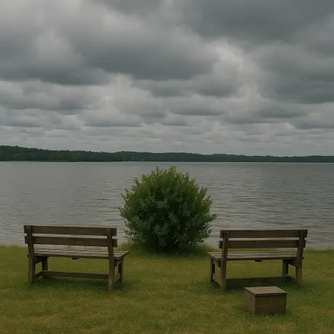 Lakeside Scene with Wooden Benches