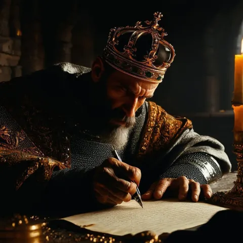 Medieval King Signing a Document in Chiaroscuro
