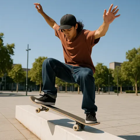 Skateboarder Performs a Trick on a White Ledge
