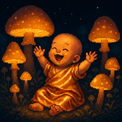 Bald Infant in Lustrous Silk Joyfully Raises its Arms