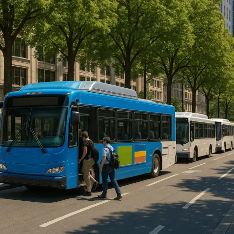 Busy Street in the City Features Multiple Buses Parked