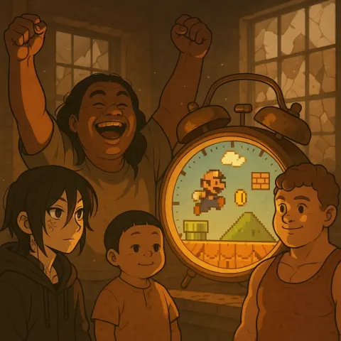 Joyful Pacific Islander with Raised Arms Celebrates a Central Clock's