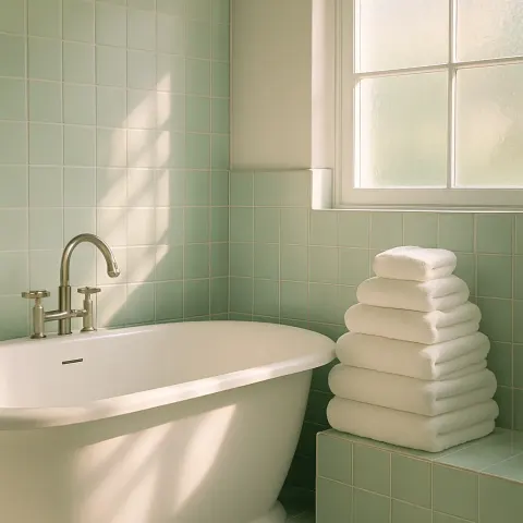 Tranquil Bathroom Features a Polished White Freestanding Bathtub