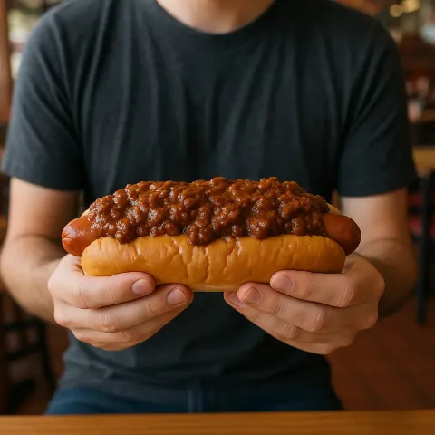 Person Holds a Large Chili-covered Hot Dog with Both Hands