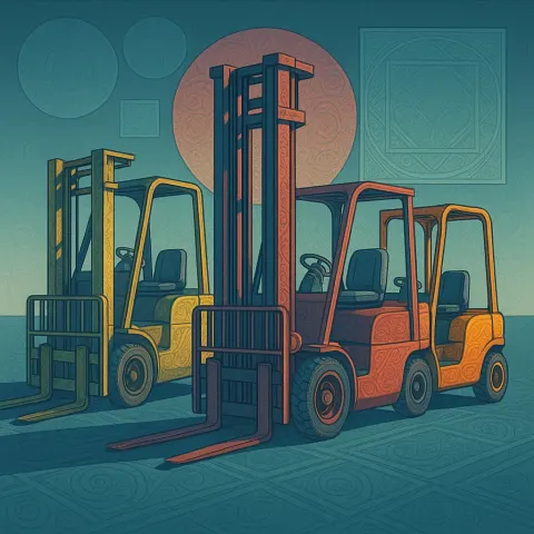 Three Distinct Forklifts—a Classic Industrial Yellow One