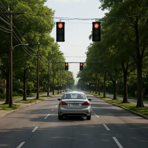 Straight Urban Street Lined with Trees