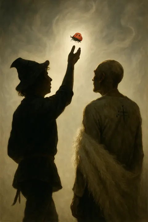 Trickster Figure in Traditional Footwear Gestures Skyward with Inspired Hope