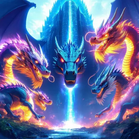 Four Maned Dragons Circling a Towering Dinosaur