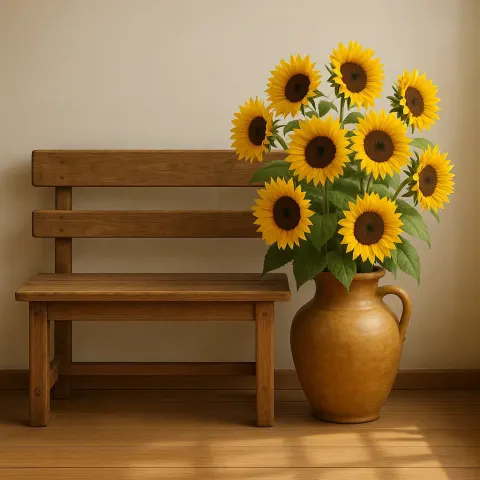 Wooden Bench Situated Beside a Ceramic Vase
