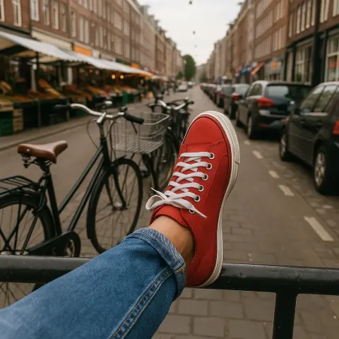 Person Wearing Red Shoes and Denim Jeans Rests their Leg