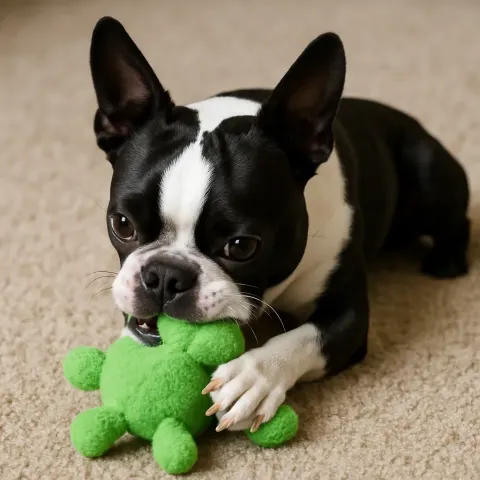 Black and White Boston Terrier Dog Is Chewing