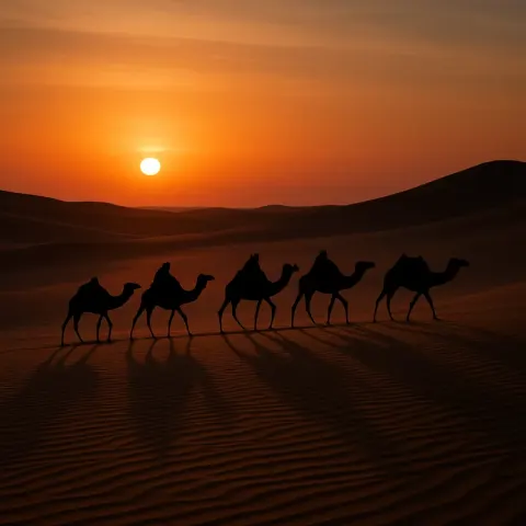 Small Group of Silhouetted Camels Journeys Slowly Across Vast