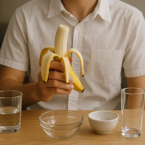 Person Wearing a White Shirt Holds a Partially Peeled Banana
