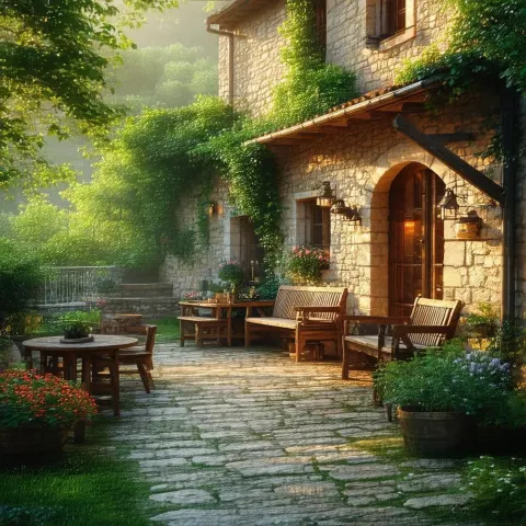 Cozy Rustic Courtyard in Golden Matte Painting