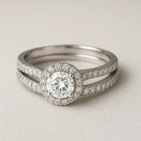 Silver Engagement Ring with a Round Diamond Centerpiece Surrounded