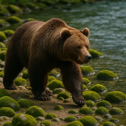 Grizzly Bear Walking Along the Edge of a River