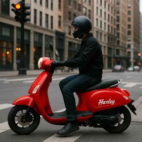 Person Wearing a Helmet Rides a Red Scooter Labeled "Harley"
