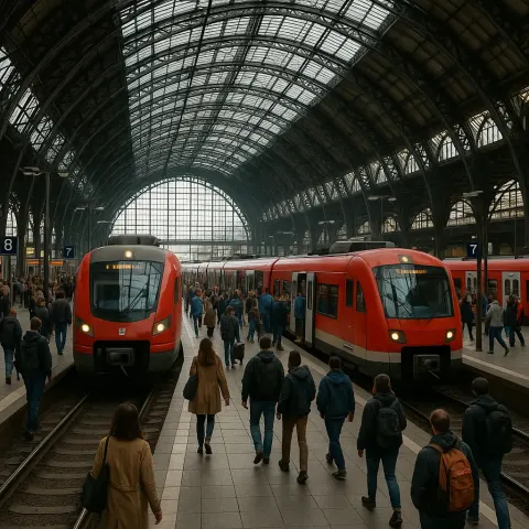 Bustling Urban Train Station with Red Commuter Trains