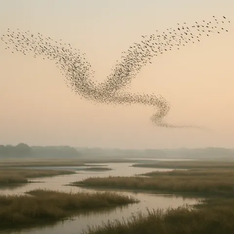 Hundreds of Migrating Birds Form a Dynamic