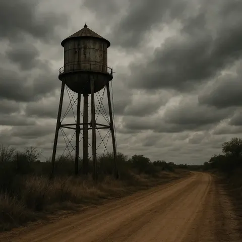 Rusty Water Tower Stands under an Overcast Sky