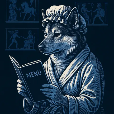 Norwegian Elkhound in Gown and Shower Cap Peruses a Menu