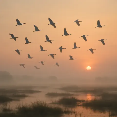 Many Distant Waterbirds Take Flight in a Scattered Formation