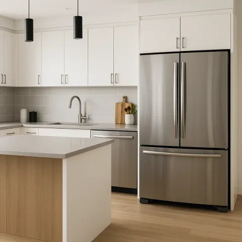Contemporary Kitchen That Includes a Large Refrigerator Made of Stainless