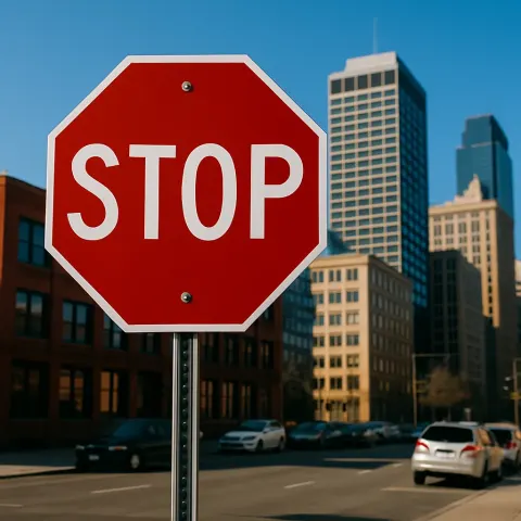 Red Stop Sign in Front of an Urban Cityscape