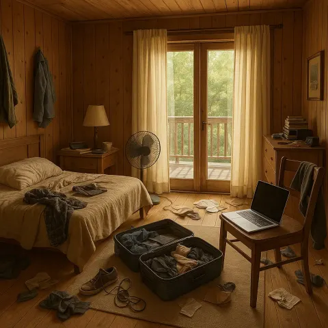 Cluttered Bedroom with Wooden Walls